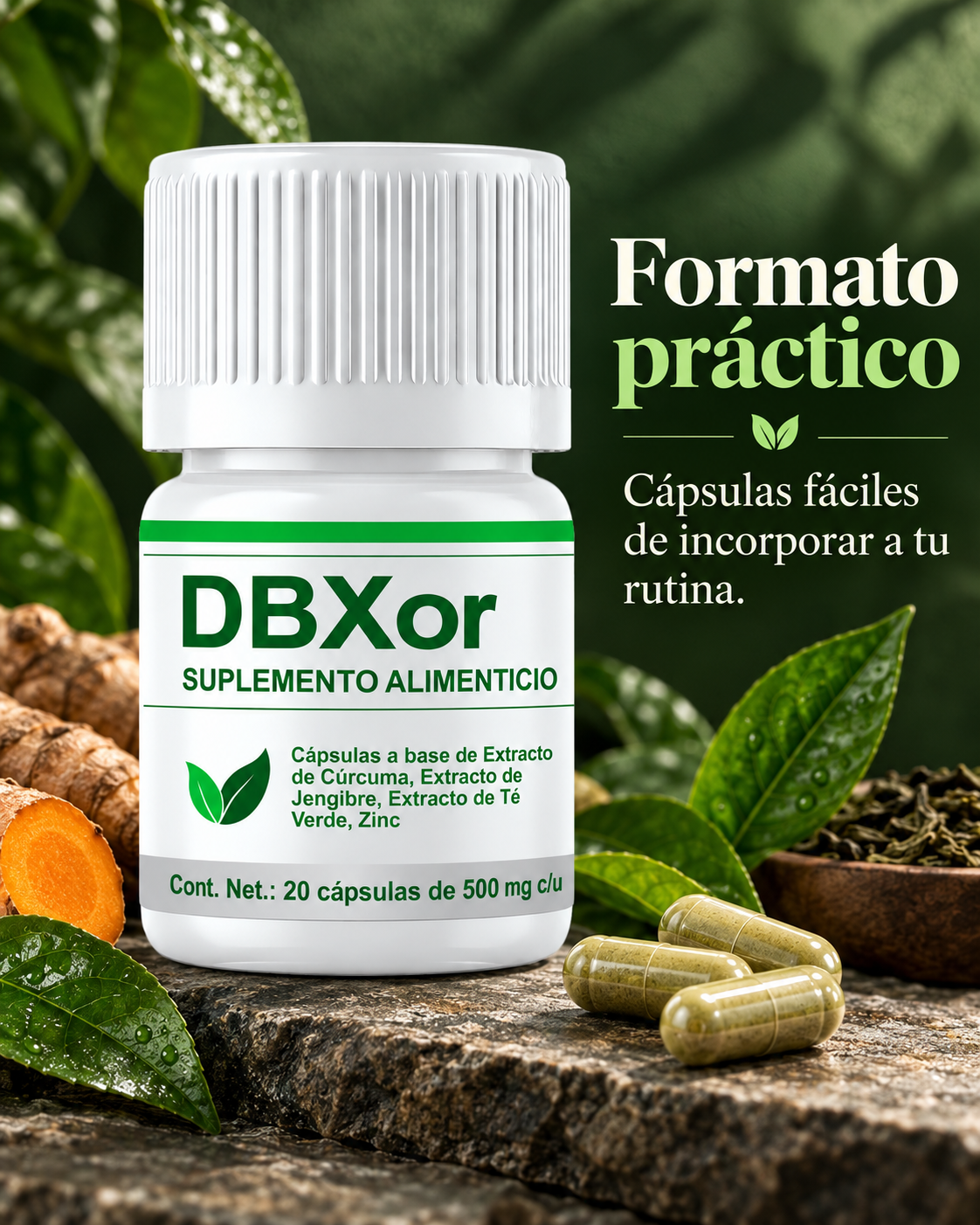 Frasco de cápsulas DBXor junto a hojas de té