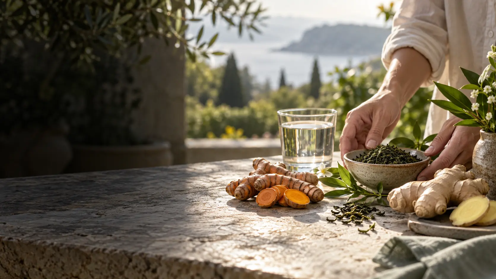Rutina matutina con ingredientes botánicos, agua y luz natural